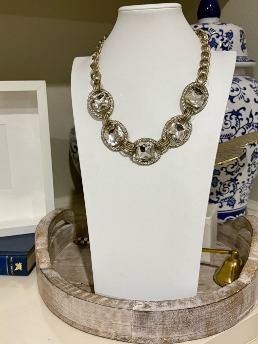 Chunky Gold Tone and Clear Stone Statement Necklace